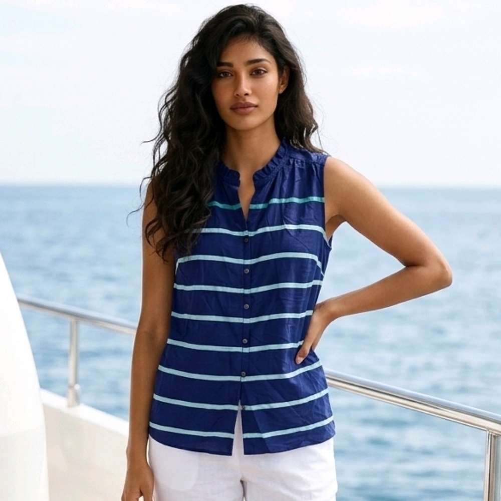 Tommy Hilfiger Cobalt Blue Aqua Striped Sleeveless Blouse S Satin Resort Top